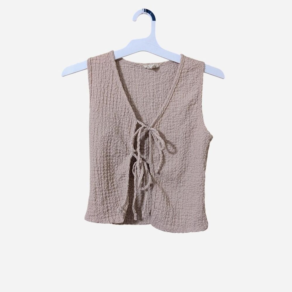 Tan/Cream Waffle Knit Tie-Front Waistcoat Camisole Vest Top Fairycore Whimsygoth